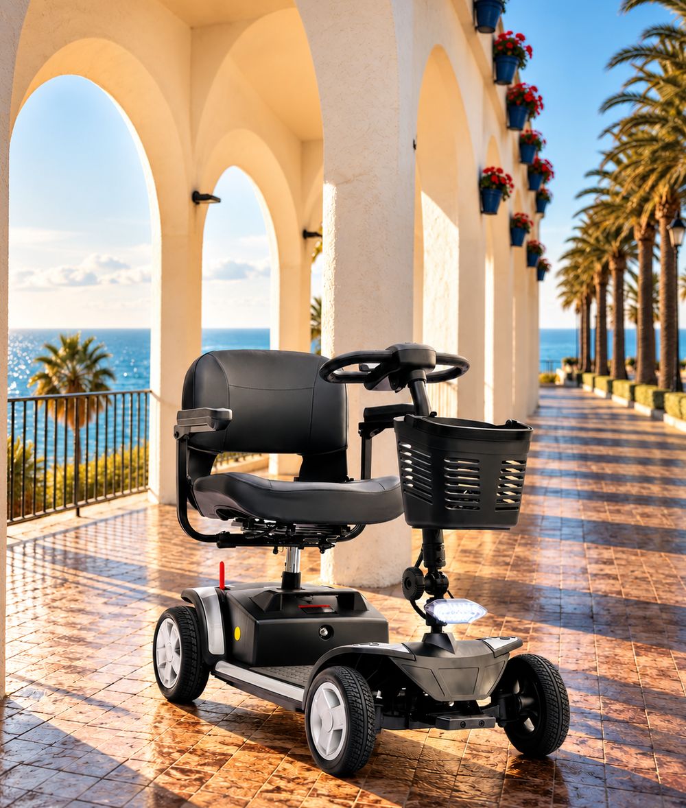 KETTAL Q180 mobility scooter on a seafront arcade lined with palm trees