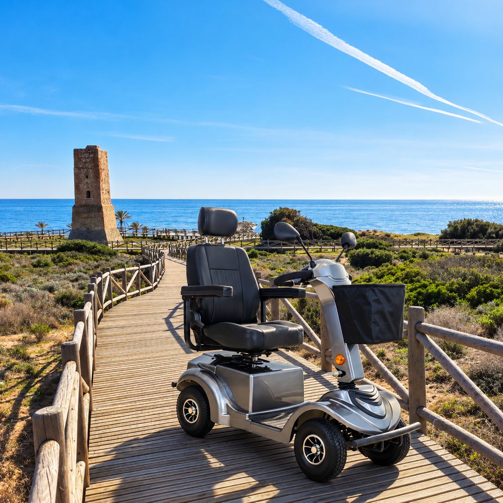 KETTAL Q400 mobility scooter on a wooden boardwalk to the sea near Málaga