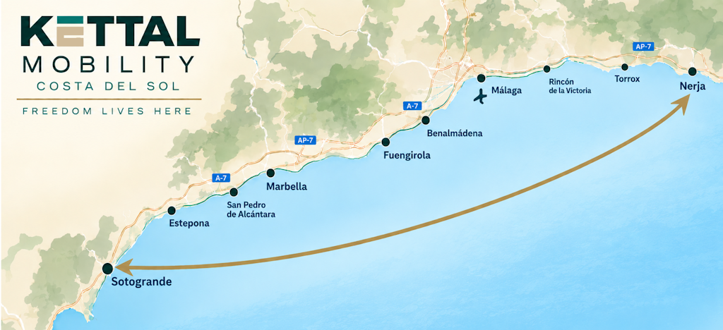 Karte des Liefergebiets von Kettal Mobility an der Costa del Sol, von Nerja bis Sotogrande